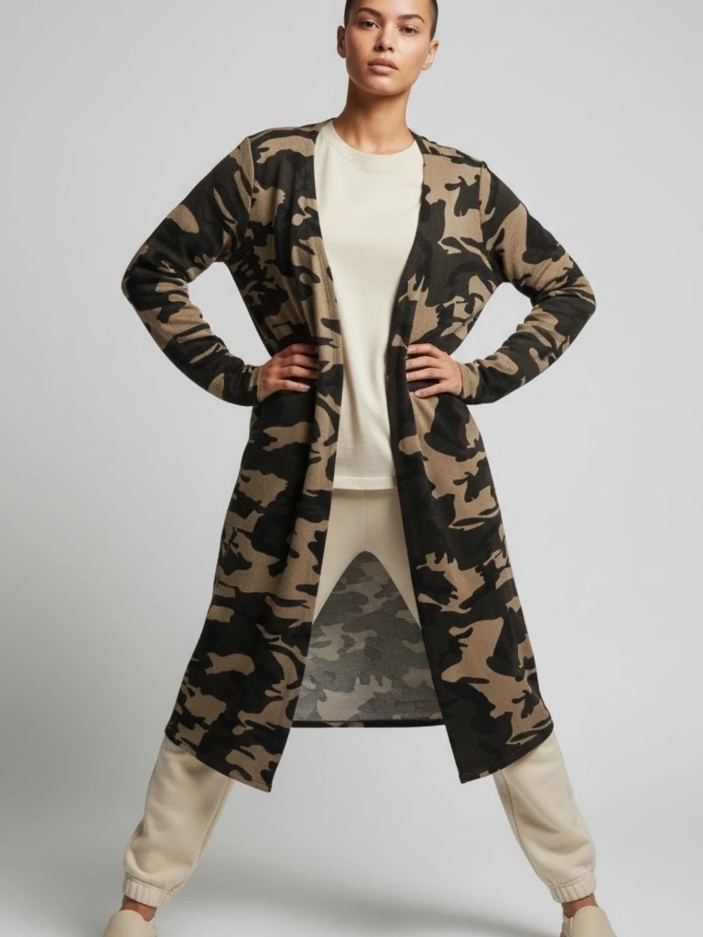 Long Open-Front Camo Cardigan - Green & Brown